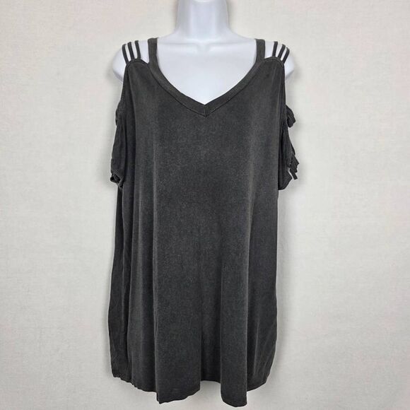 BKE Cold Shoulder Strap Top Black Washed L - Picture 1 of 8